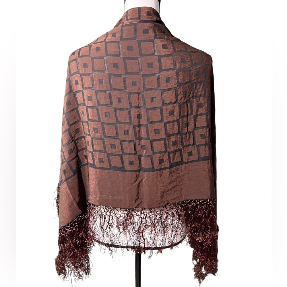 Beautiful Copper Brown and Black Geometric Shawl with Fringe, approx. 54”x51” - Picture 6 of 9
